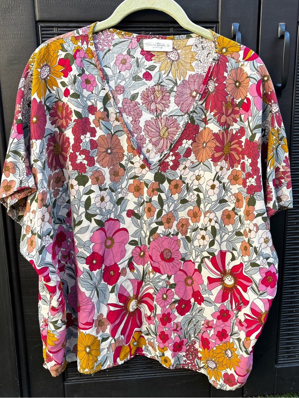 Natural Life V-neck Top Floral Size Large Pink Mustard Rayon Oversized Boho